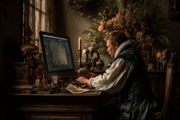 esteemed gentleman working on complex graphics on a computer