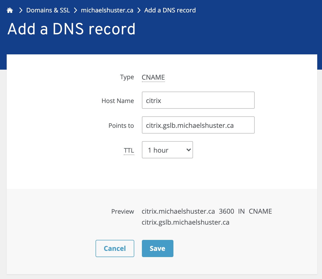 1&1 IONOS create CNAME record for Citrix ADC (NetScaler) GSLB subzone delegation