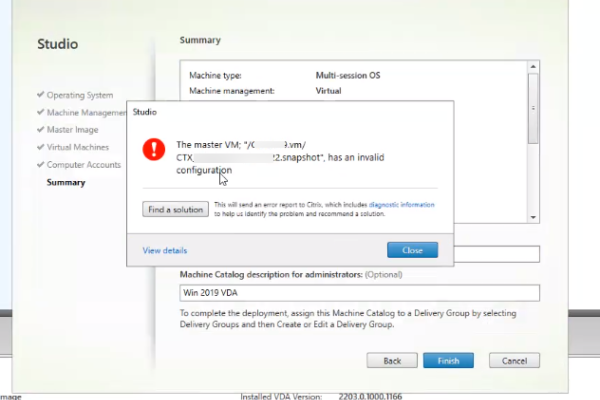 citrix mcs master vm invalid configuration