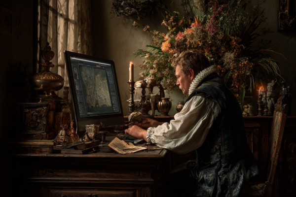 esteemed gentleman working on complex graphics on a computer